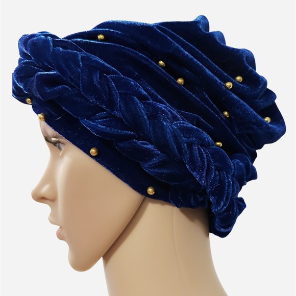 Blue Velvet Hat Ladies Beads Head Wrap Fashion Headscarf - Picture 2 of 5